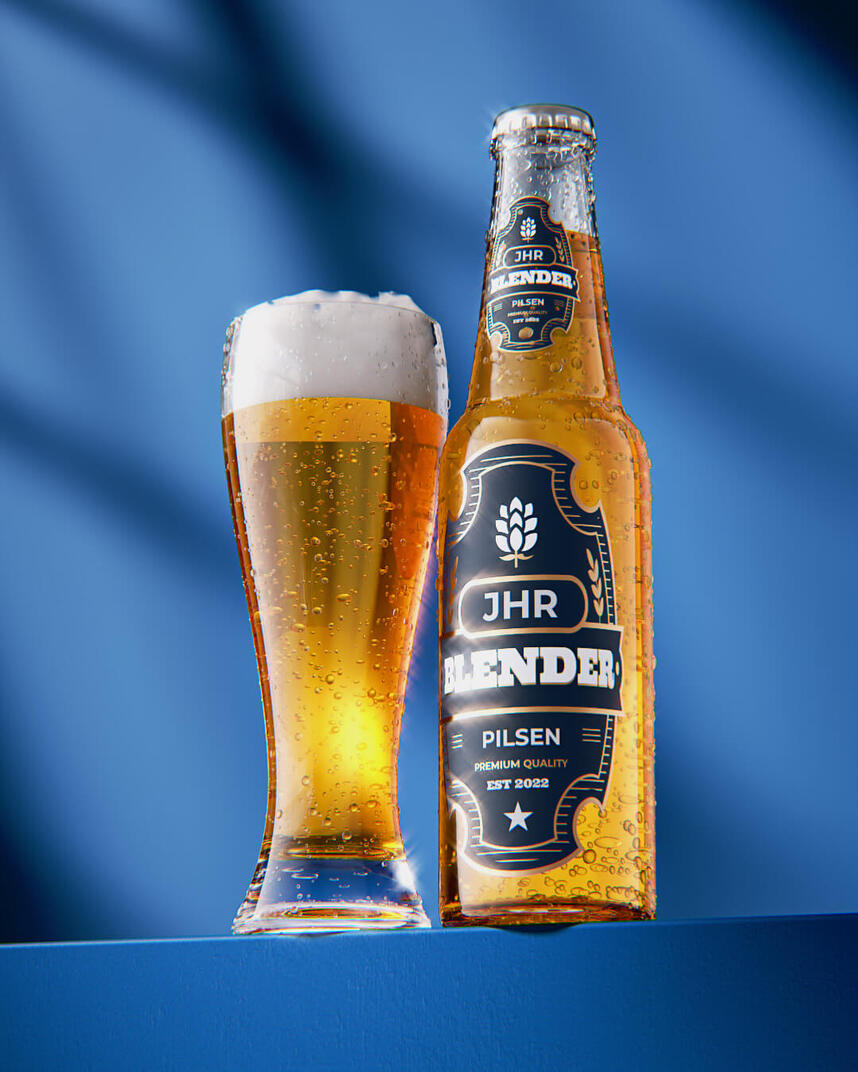 Render 3D — Cerveza JHR Blender Pilsen Render 3D fotorrealista de botella y vaso de cerveza JHR Blender Pilsen con espuma, fondo azul vibrante