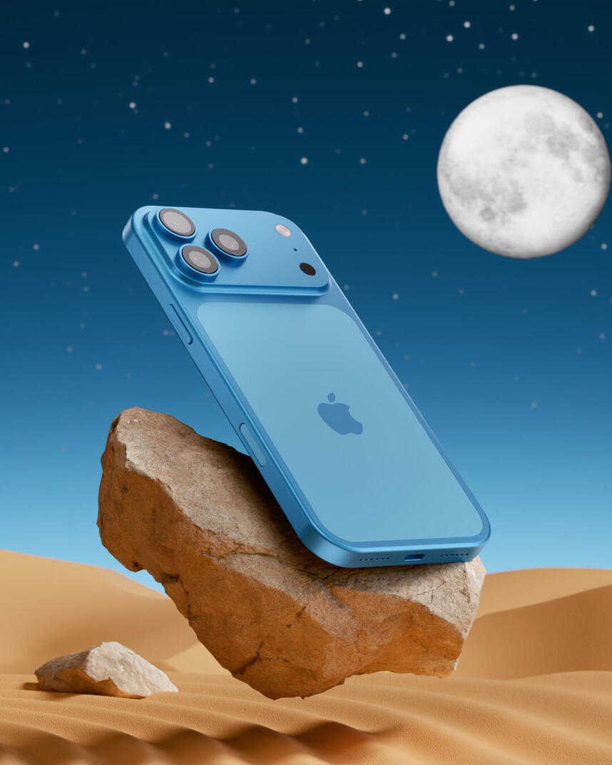 Render 3D — iPhone Escena Desierto Nocturno Render 3D fotorrealista de iPhone azul apoyado sobre roca en escena desértica nocturna con luna, composición cinematográfica