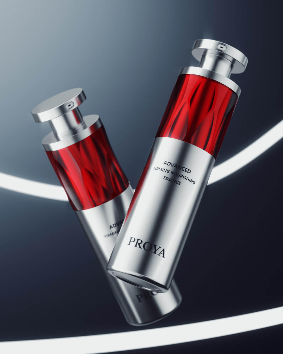 Render 3D — Frascos Cosméticos PROYA Render 3D fotorrealista de dos frascos cosméticos PROYA plateados con detalle rojo, composición publicitaria sobre fondo degradado azul