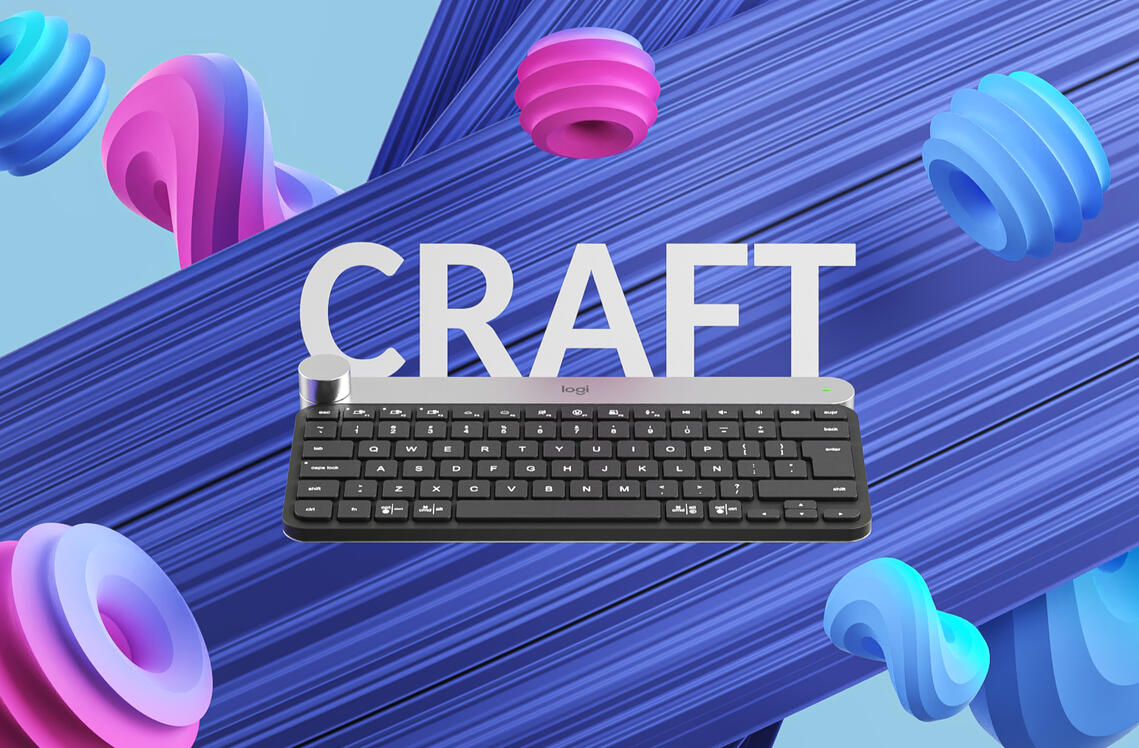 Curso — Entrenamiento Profesional de Blender Portada del curso CRAFT — entrenamiento profesional de animación de productos 3D en Blender, con teclado sobre fondo azul abstracto