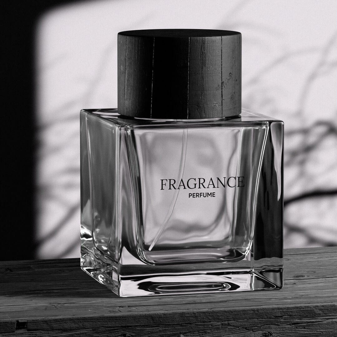 Render 3D — Perfume Fragrance Estilo Editorial Render 3D fotorrealista de frasco de perfume cuadrado con tapa negra, sombras de ramas proyectadas sobre fondo blanco, estilo editorial en blanco y negro