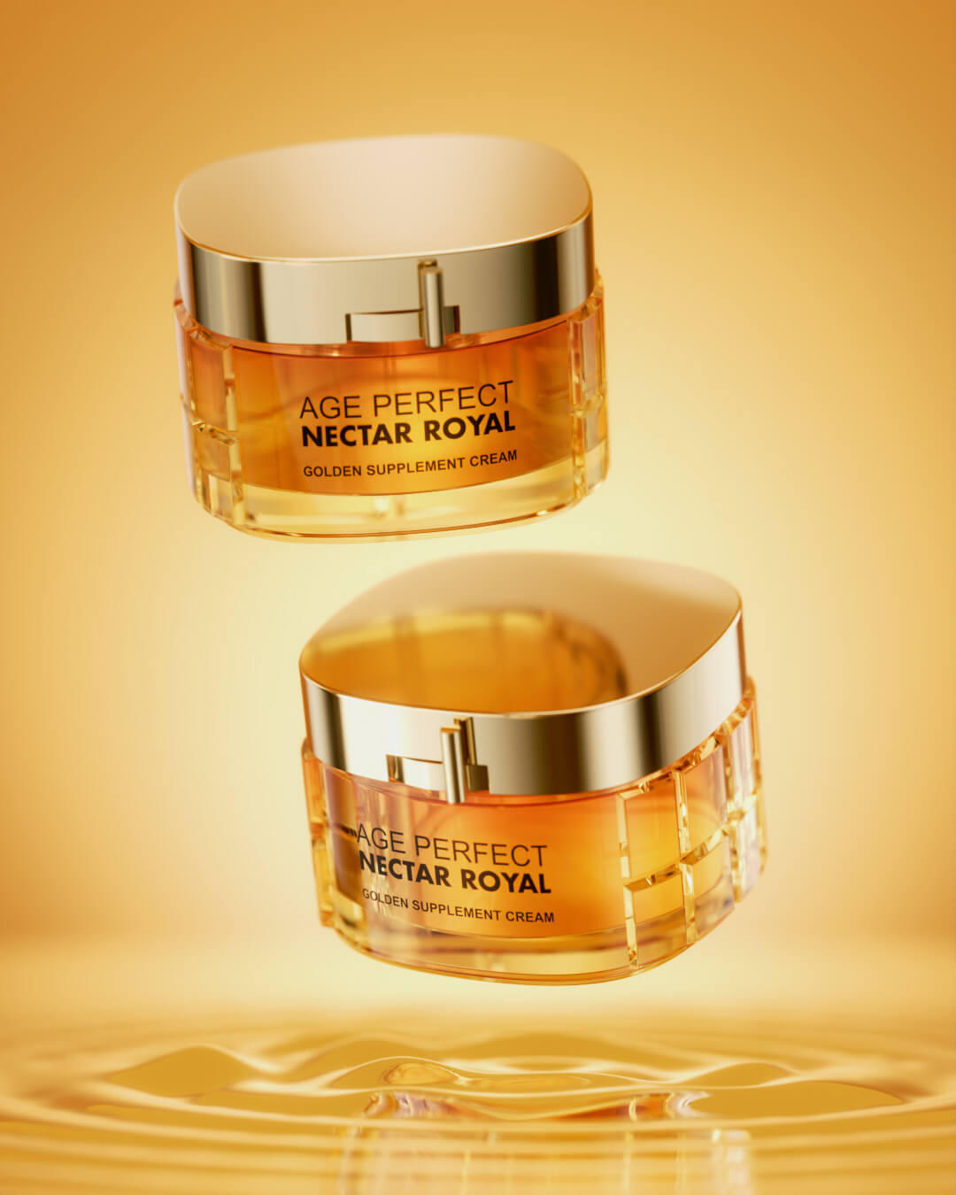 Render 3D — Crema Age Perfect Nectar Royal Dorada Render 3D fotorrealista de dos frascos de crema Age Perfect Nectar Royal flotando sobre fondo dorado degradado